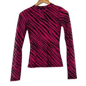 Iris Top Womens S Pink Black Zebra Print Sheer Long Sleeve Mock Neck Y2K Retro